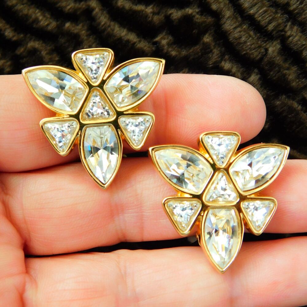 SAL Swarovski Crystal Earrings Vintage Clip-On Gold-Tone Jewelry Gorgeous EUC !!